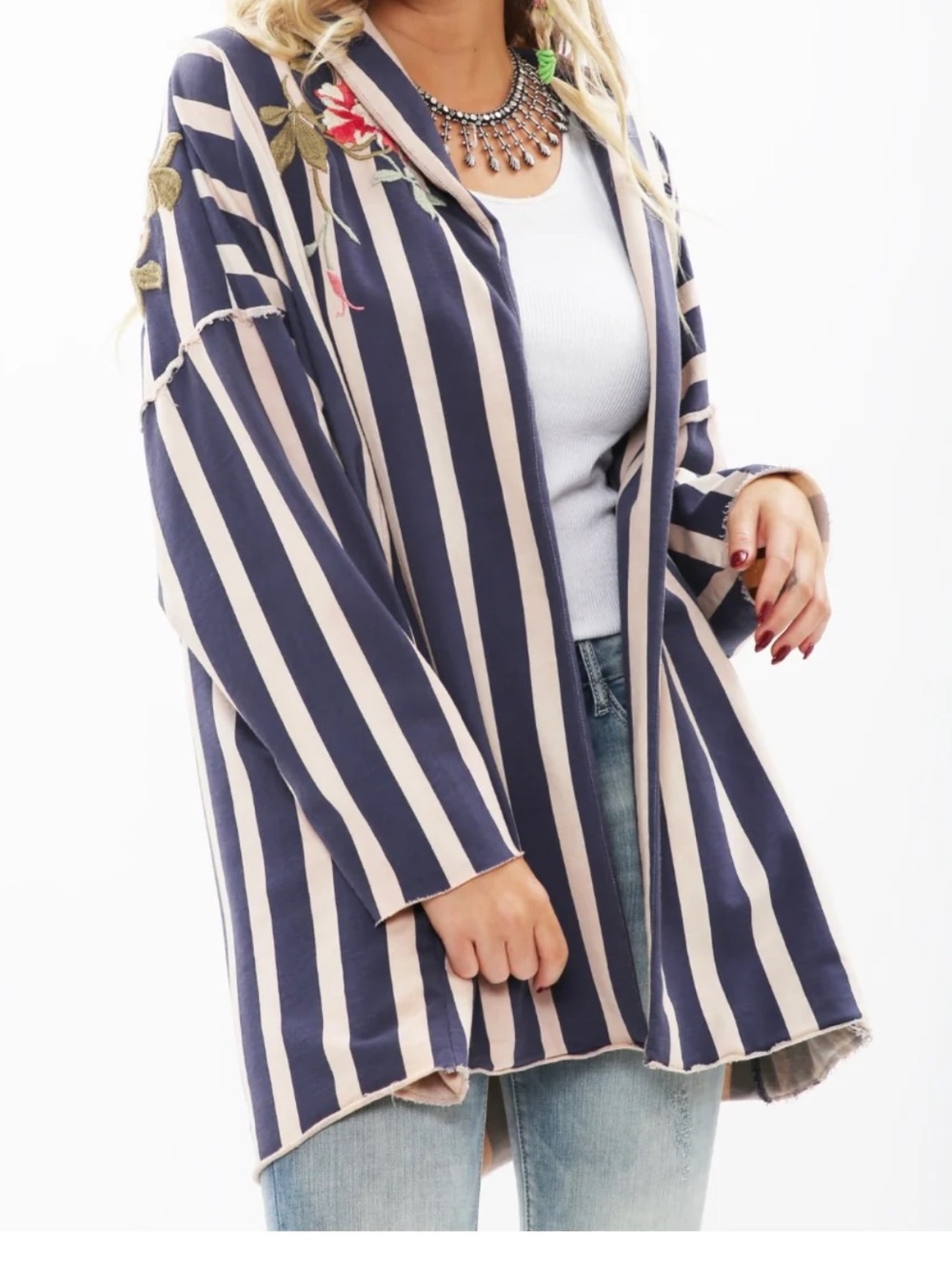 Anthropologie Aratta Silent Journey Crafted Embroidered Oversized Jacket Stripes